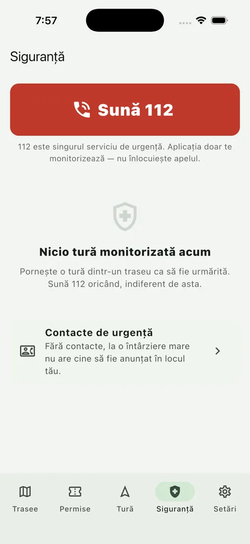 Ecranul de siguranță, cu butonul Sună 112 ca primă acțiune
